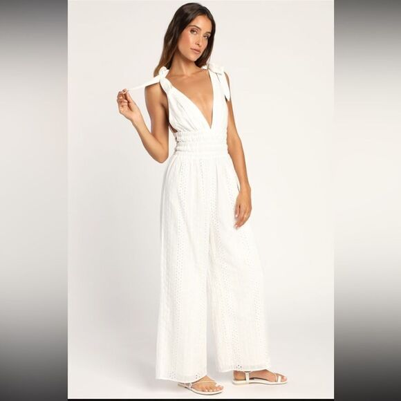 NWT Lulus Size L Running Free White Eyelet Embroidered Tie-Strap Jumpsuit - Picture 1 of 5